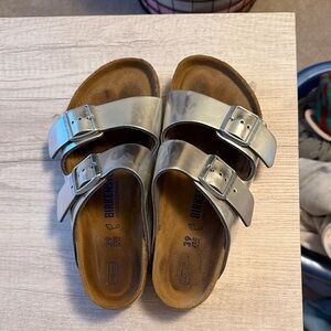 Birkenstock Arizona Metallic Silver Two-Strap Sandals